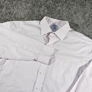 Brooks Brothers Dress Shirt Mens 16-34 White Pink Grid Non-Iron Classic Fit